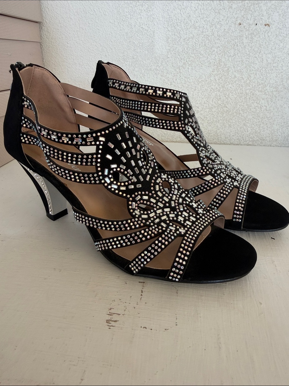 Forever Black Crystal-Embellished Strappy Heels